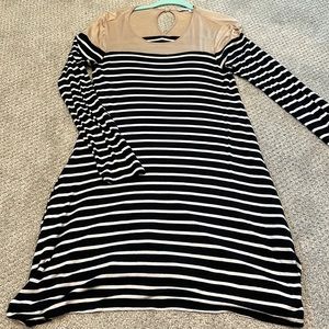 Black, white and tan striped midi dress